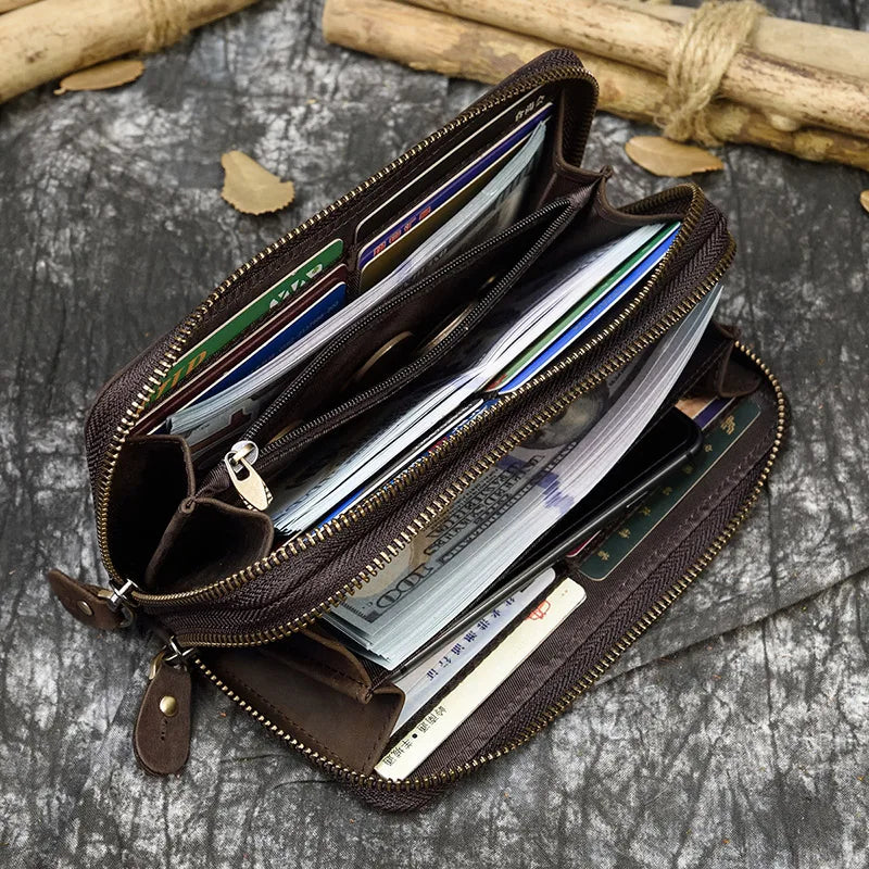 Luxury Double Zipper - Phone Card Coin 100% Genuine Leather Men Wallet - VILA DE LUXE