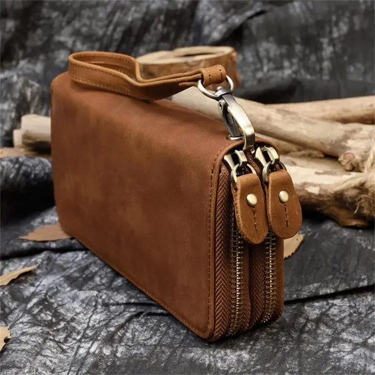 Luxury Double Zipper - Phone Card Coin 100% Genuine Leather Men Wallet - VILA DE LUXE