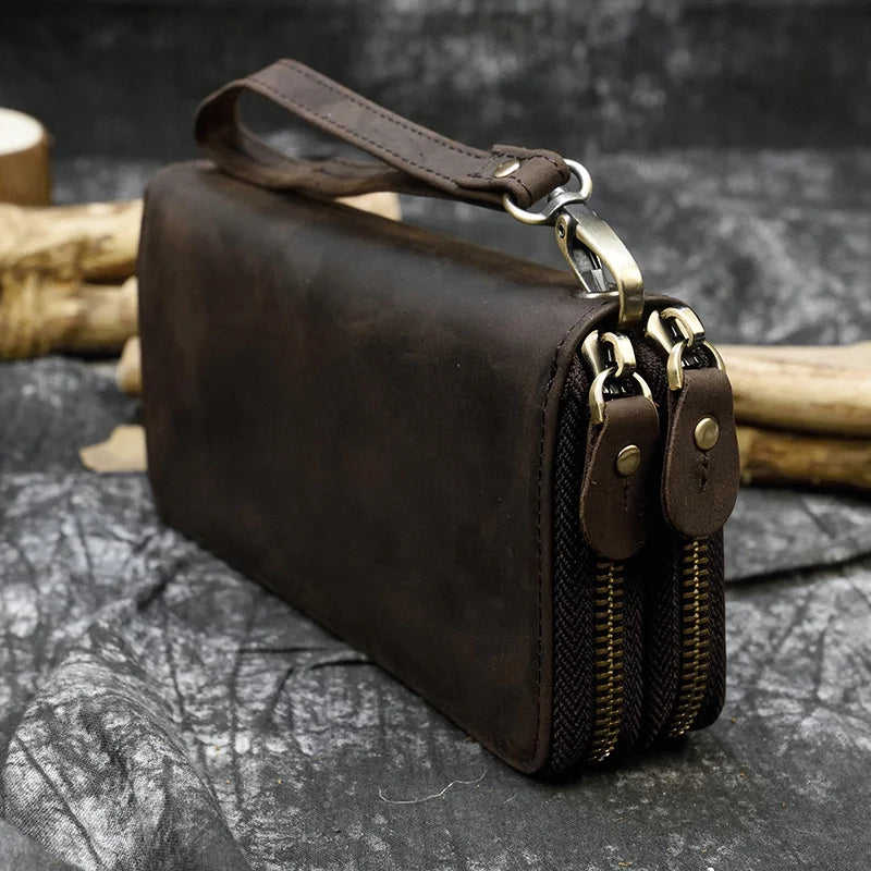 Luxury Double Zipper - Phone Card Coin 100% Genuine Leather Men Wallet - VILA DE LUXE