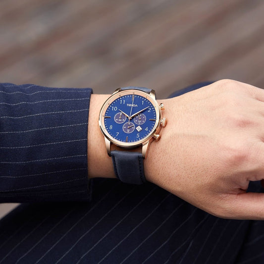 TRNDA Men's Rose Gold Stainless Steel Watch, Blue Leather Band | TRN-43RGLB-1