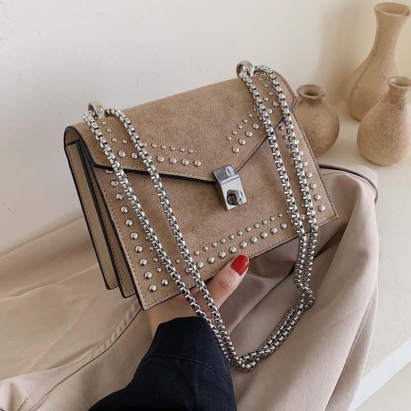 Scrub Leather Chain Rivet Lock Shoulder Bag - VILA DE LUXE