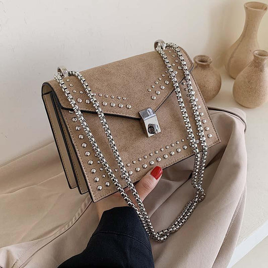 Scrub Leather Chain Rivet Lock Shoulder Bag - VILA DE LUXE
