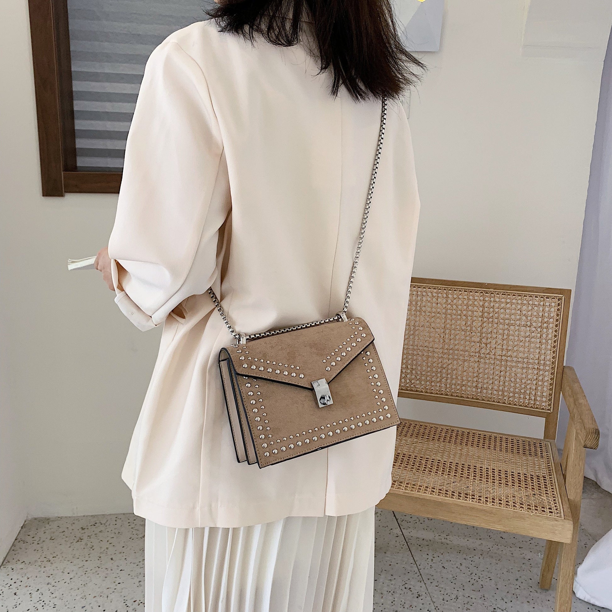 Scrub Leather Chain Rivet Lock Shoulder Bag - VILA DE LUXE