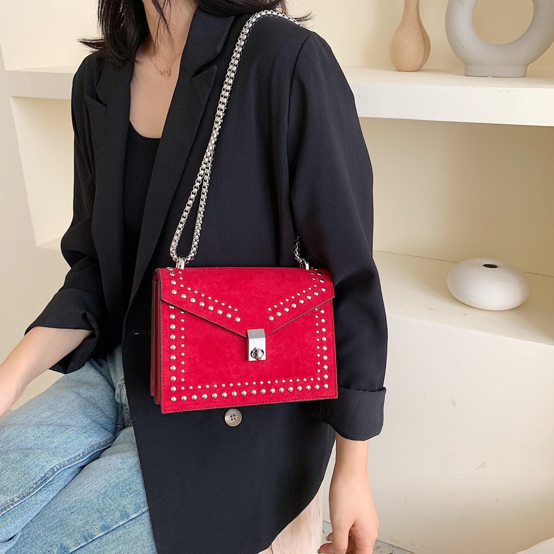 Scrub Leather Chain Rivet Lock Shoulder Bag - VILA DE LUXE