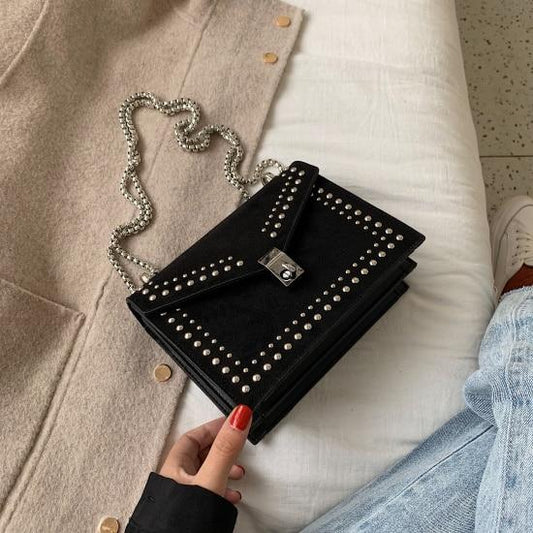 Scrub Leather Chain Rivet Lock Shoulder Bag - VILA DE LUXE