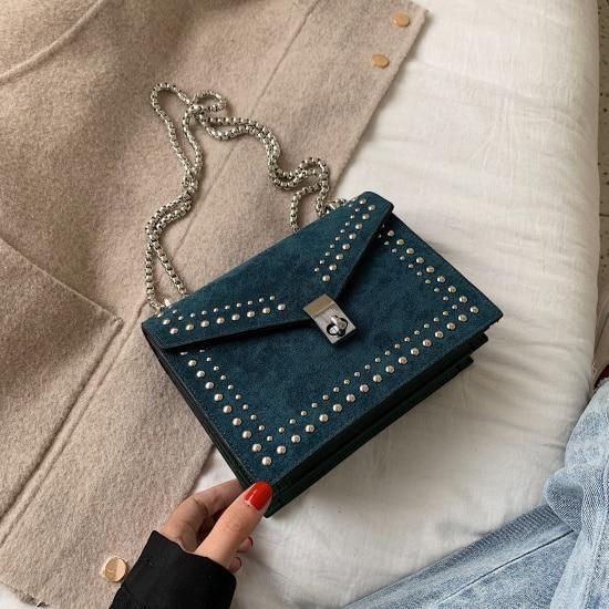 Scrub Leather Chain Rivet Lock Shoulder Bag - VILA DE LUXE