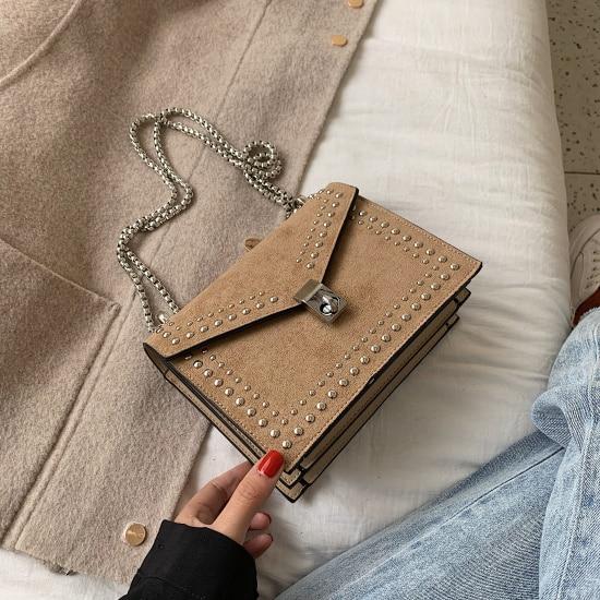 Scrub Leather Chain Rivet Lock Shoulder Bag - VILA DE LUXE