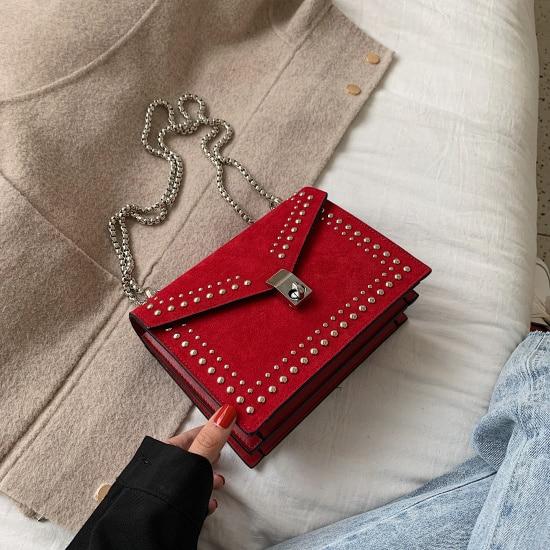 Scrub Leather Chain Rivet Lock Shoulder Bag - VILA DE LUXE