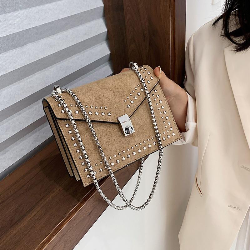 Scrub Leather Chain Rivet Lock Shoulder Bag - VILA DE LUXE