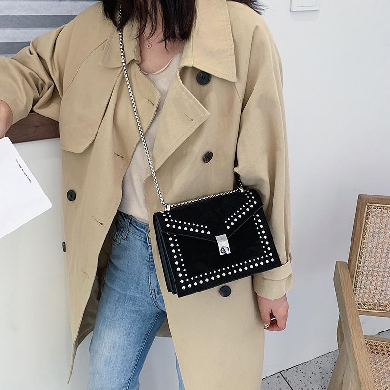 Scrub Leather Chain Rivet Lock Shoulder Bag - VILA DE LUXE