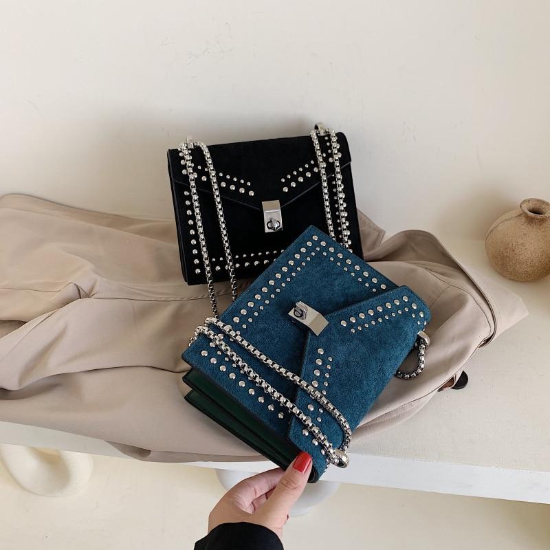Scrub Leather Chain Rivet Lock Shoulder Bag - VILA DE LUXE