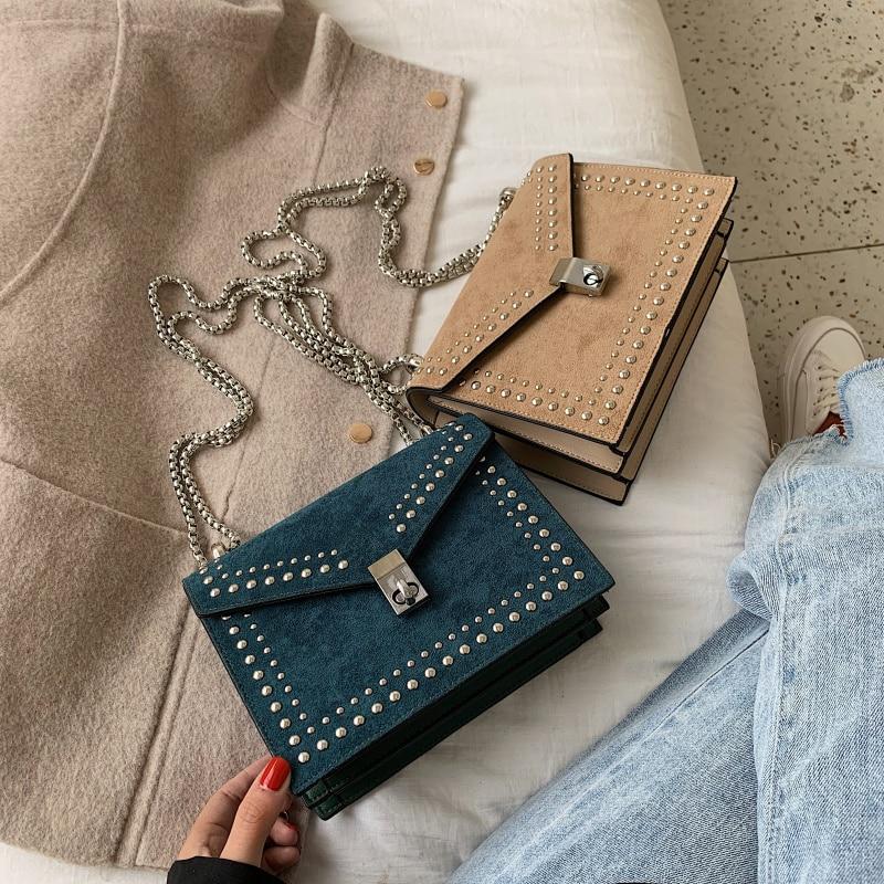 Scrub Leather Chain Rivet Lock Shoulder Bag - VILA DE LUXE