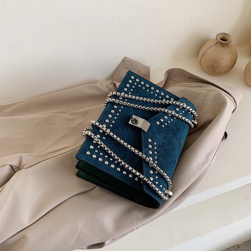 Scrub Leather Chain Rivet Lock Shoulder Bag - VILA DE LUXE