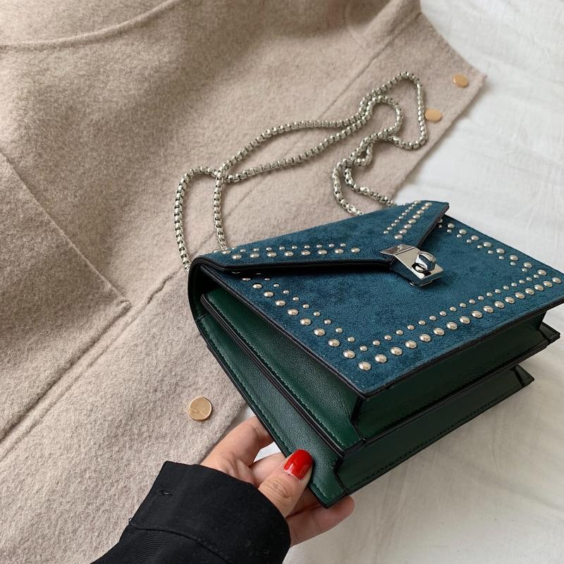 Scrub Leather Chain Rivet Lock Shoulder Bag - VILA DE LUXE