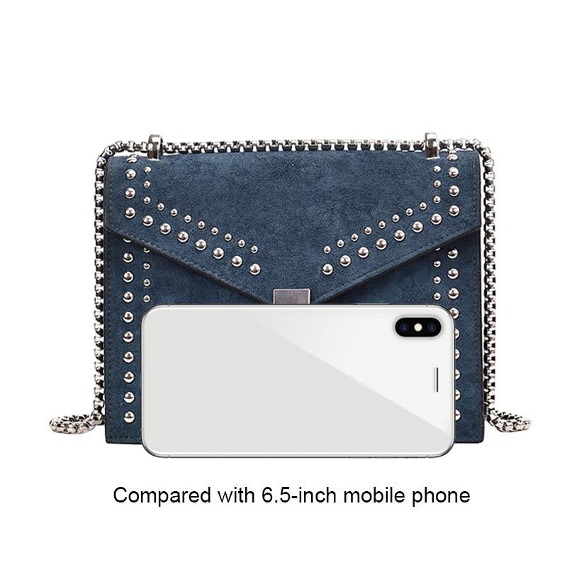 Scrub Leather Chain Rivet Lock Shoulder Bag - VILA DE LUXE